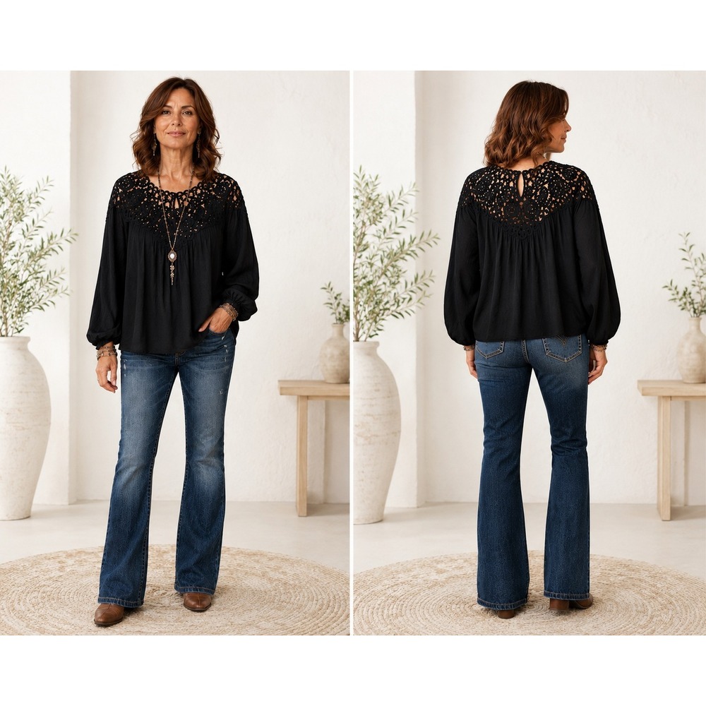 Johnny Was Jade Blouse Women Black Crochet Lace Yoke Long Sleeve Boho Top Size M